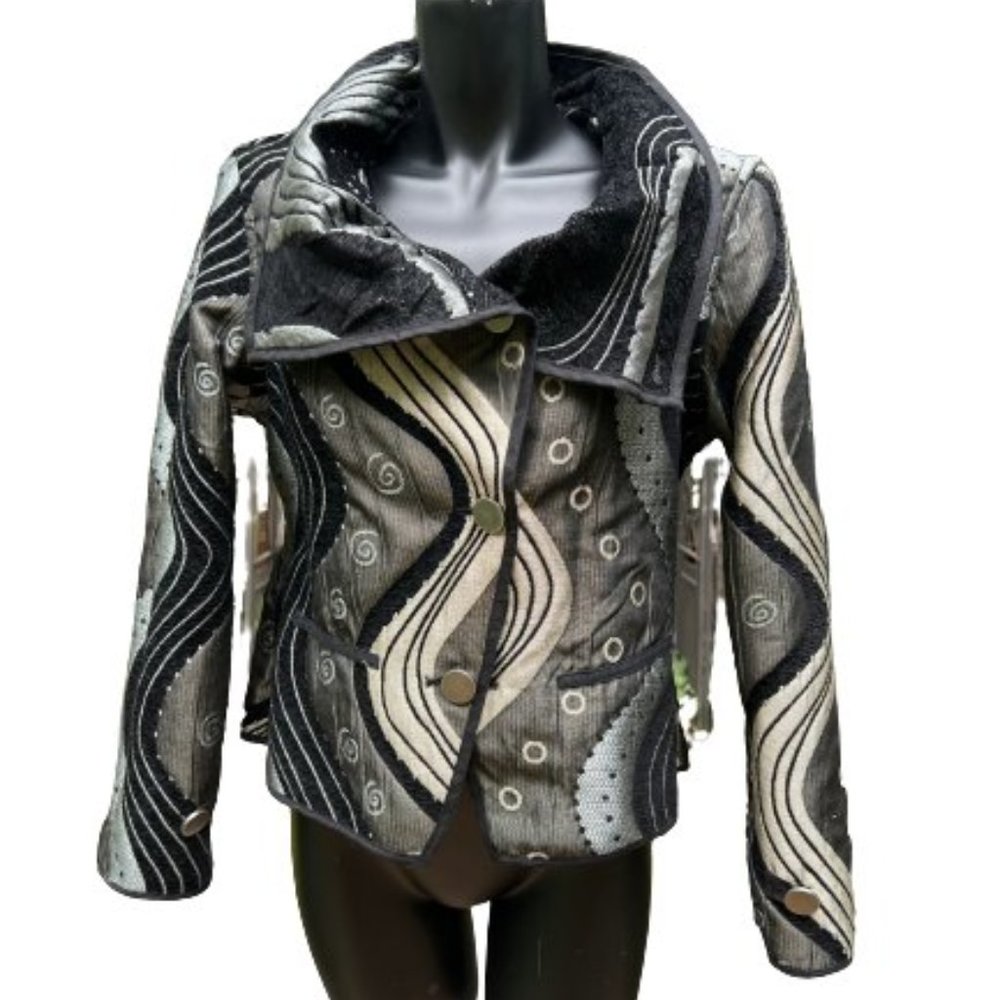 Womens Cropped Jacket Size Small Black Gray Abstract Dressy Reversible Button UP